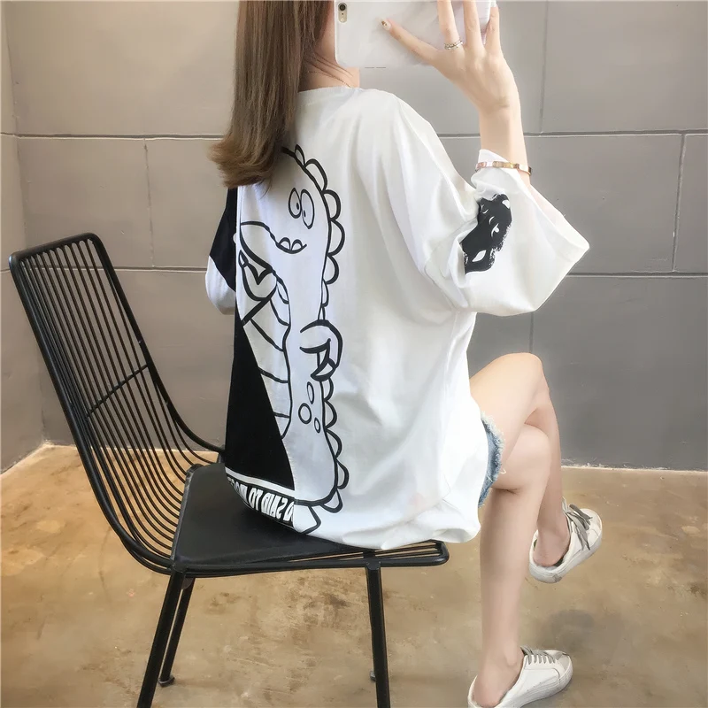 

Houthion Women's T-shirt New Casual Fashion Loose Plus Size Mid-length T Shirt Cartoons Splicing Short Sleeve O-neck Top