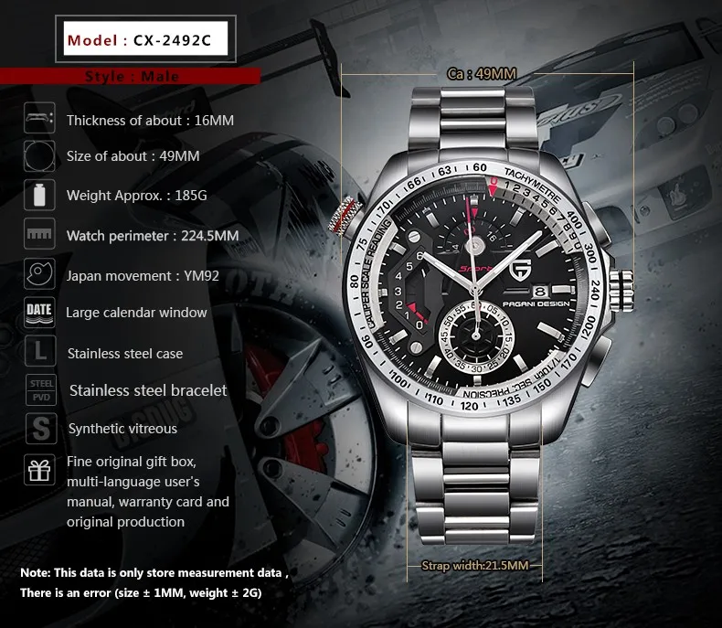 PAGANI Роскошные Брендовые спортивные часы с хронографом мужские Reloj Hombre Водонепроницаемые кожаные кварцевые часы черные часы Relogio Masculino