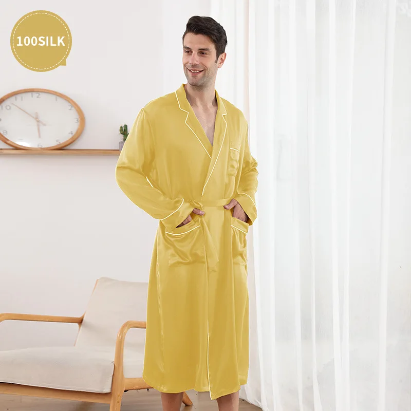 22 MM mulberry silk long nightgown robe men's silk pajamas bathrobe 100% mulberry silk sleep robe