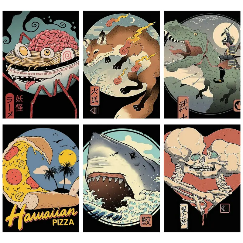 

Japan Samurai Cat Anime Ramen Cartoon Painting Animal Canvas Painting Retro Posters Prints Room Decor Picture Home Decoration