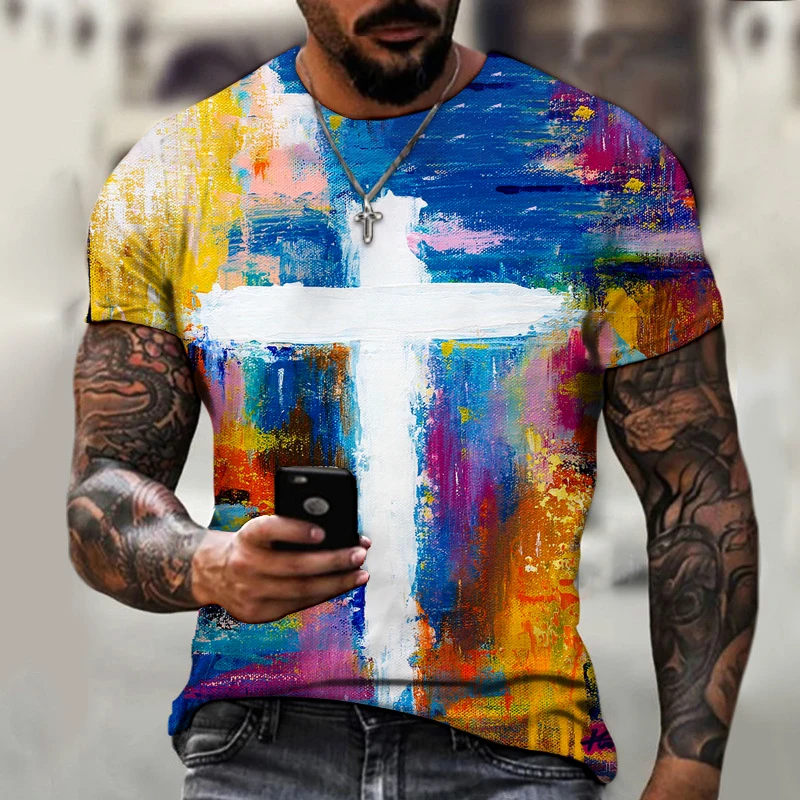 

New Men's Jesus Christ Cross 3d Printed T-shirt Summer Casual All-match Fashion Short-sleeved Oversized Round Neck Streetwear