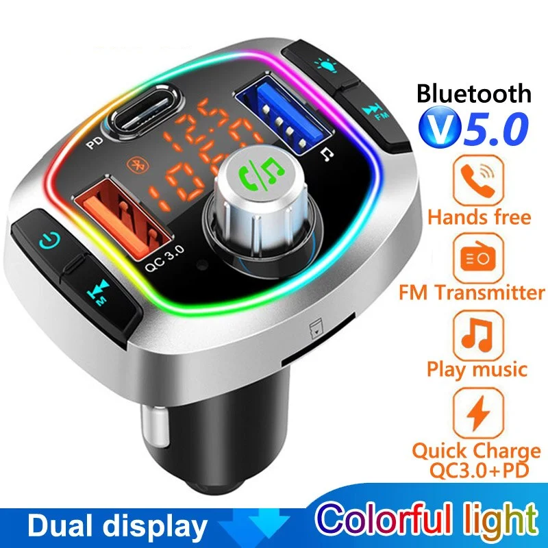 

Автомобильный FM-трансмиттер с Bluetooth и светодиодной подсветкой, 2 USB-порта