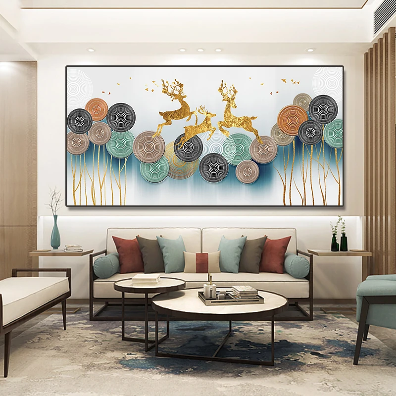 

Three Golden Deer Pictures Canvas Painting Nordic Indoor Abstract Poster Prints Wall Art Living Room Home Decor Large Size Mural