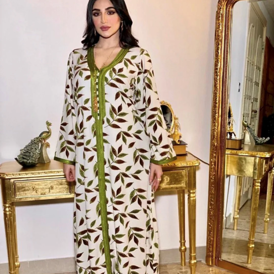 Новинка 2021, женское длинное платье с принтом на Ближний Восток, с перекрестными границами, абайя, Дубай, мусульманское женское платье