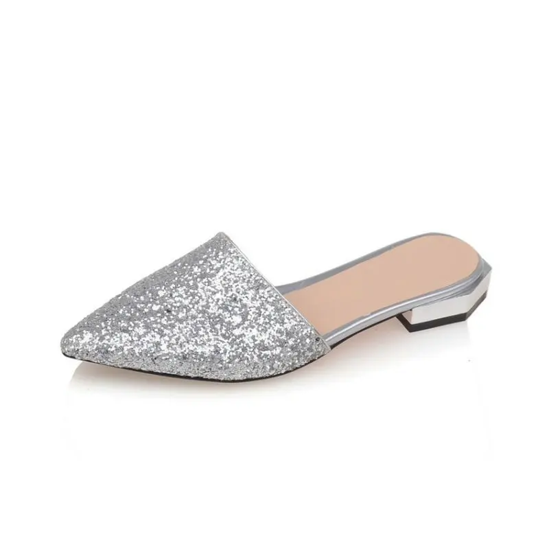 ZawsThia fashion sequined glitter woman sandals slides silver bling crystal low heel flat slippers women mules large size 42 43 | Обувь