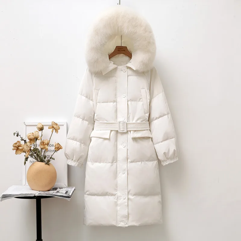 

Женское зимнее теплое длинное пальто 2021, модная Корейская свободная утепленная куртка на белом утином пуху, теплое пальто с большим воротником из лисьего меха