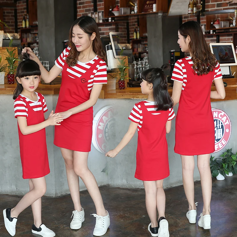 

Cotton short sleeve Dress Parent-child outfit Mother Daughter Summer clothes New 2021 Striped Children Clothing Fake two dresses