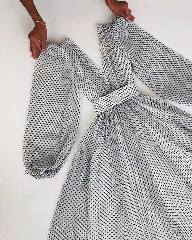 

Elegants Women Party Dresses 2021 New Arrivals Polk Dot Printing Long Sleeves V Neck Fashion Long Dresses Ankle Length