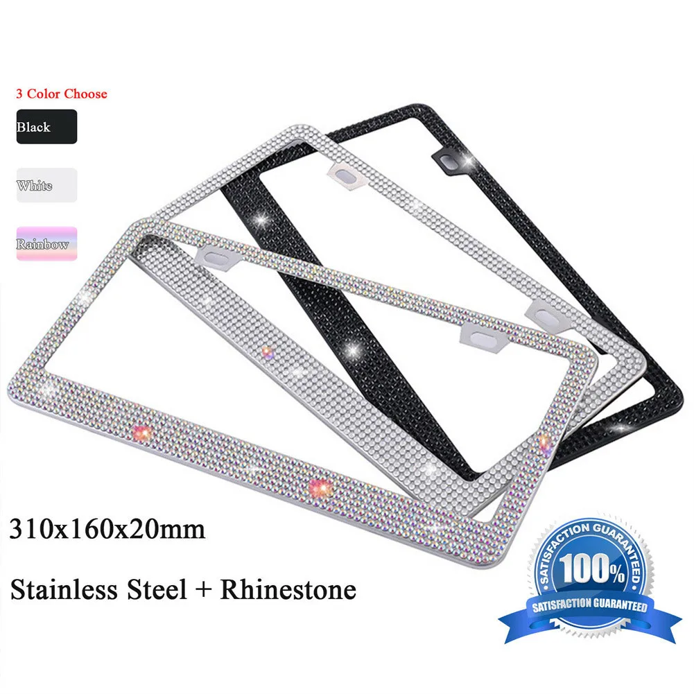 

Car License Plate Holder Stainless Steel + Rhinestone License Plate Frames Protect Your Plates With 2xSpiral+2xScrew Nut