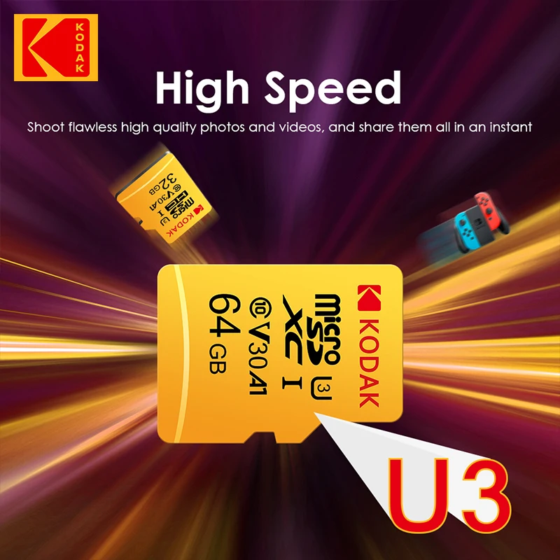 Карта памяти Kodak Micro SD 128 ГБ класс 10 карта 64 Гб Microsd флеш-накопитель 256 32 V30 U3 для