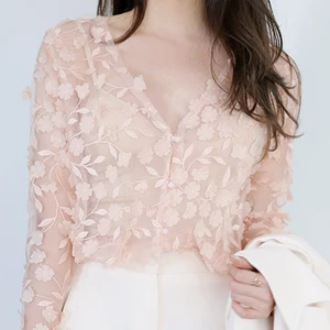 Шифоновая Блузка с объемными лепестками цветов, прозрачная сетчатая блузка OL с V-образным вырезом и длинными рукавами, короткий кардиган на крючках, кружевные топы