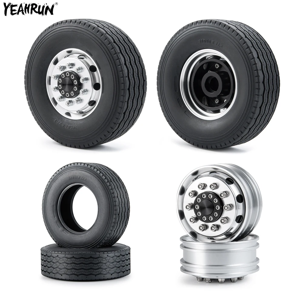 YEAHRUN Metal Alloy Beadlock Front Wheel Rims with 28mm Width Rubber Tires For 1/14 Tamiya Trailer Tractor RC Truck Car Parts