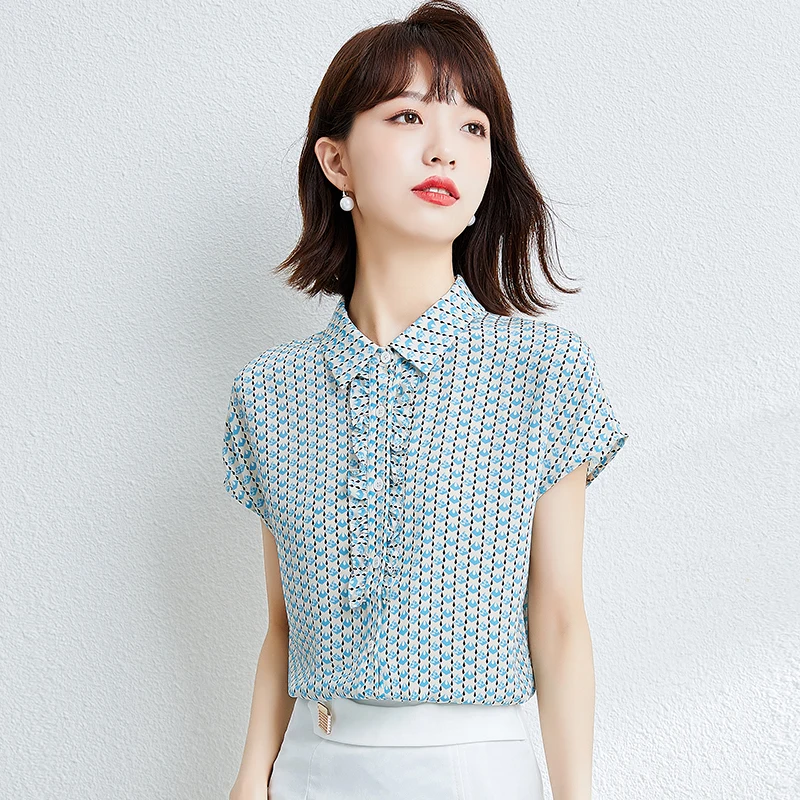 

Silk Satin Women's Blouse New Casual Shirt Fashion Blouses Summer Short Sleeve Ruffle Button Polo Shirts Lattice Top Houthion