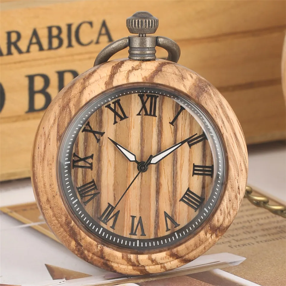

Ретро классические кварцевые карманные часы Zebrawood, подвесные карманные часы из натурального дерева, бронзовая цепочка