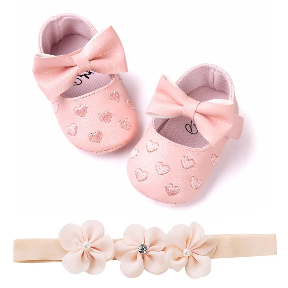 

2021 New Baby Love Embroidery Leather Fashion Toddler First Walkers Kid Shoes+1pc Hairban Fashion Bow Baby Shoes#P30