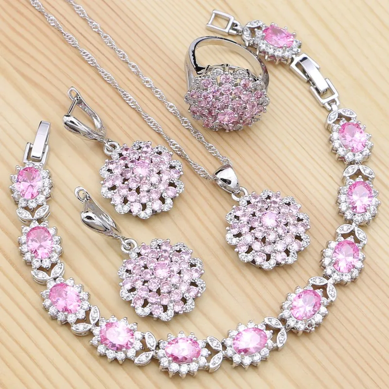 

925 Silver Bridal Jewelry Sets For Women Pink Cubic Zirconia Crystal Ring Bracelet Necklace Pendant Drop Earrings Set