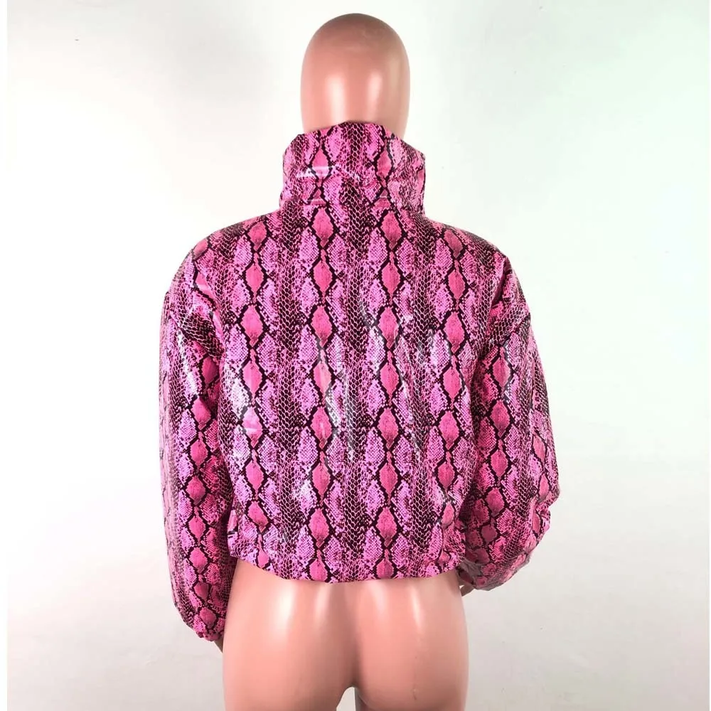 

Serpentine Print Warm Thick Winter Cropped Coat Women Fashion Long Sleeve Oversize Puffer Jacket Streetwear Bubble Down Parkas