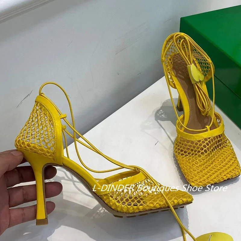 Harga L-DINDER Sandal Wanita Jaring Ungu Hak Tinggi Sepatu Pesta Perjamuan Kaki Persegi Lintas Terikat Sandal Liburan Kulit Asli Stiletto