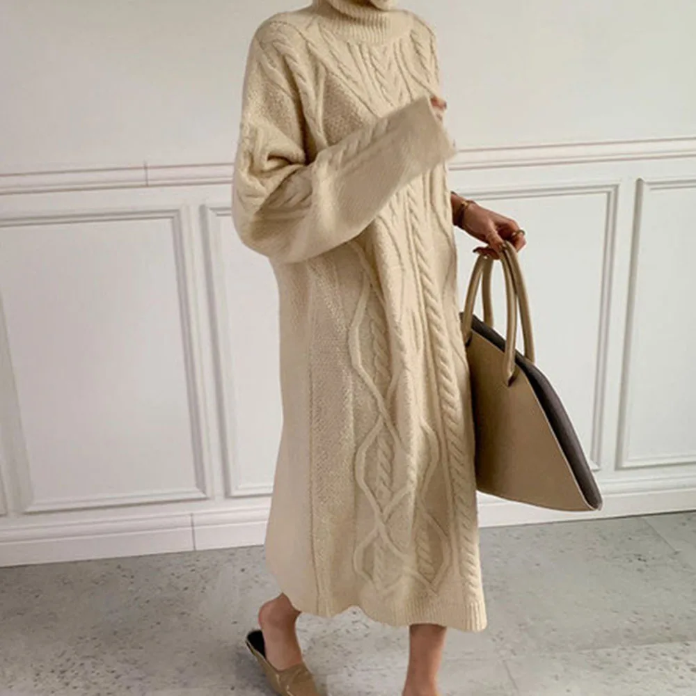 

Long Knitted Dress Women Turtleneck Criss-Cross Sweater Dresses Autumn 2021 Vintage Long Sleeve Loose Winter Clothing