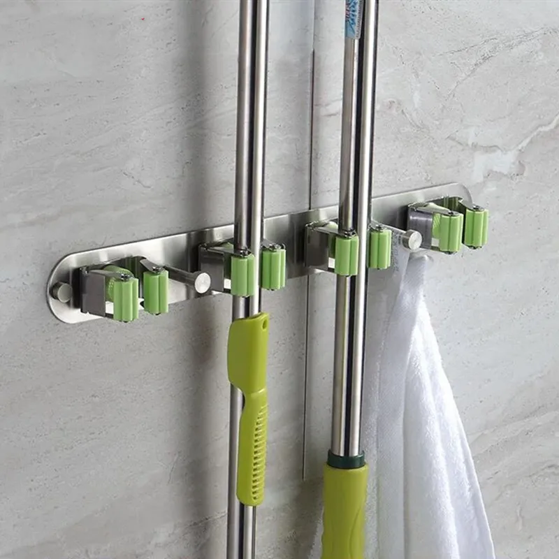 

LIUYUE Broom Hanger Green Stainless Steel Bathroom Wall Mounted Mop Clamp Towel Hook Rack Broom Balcony Garden Storage Rack