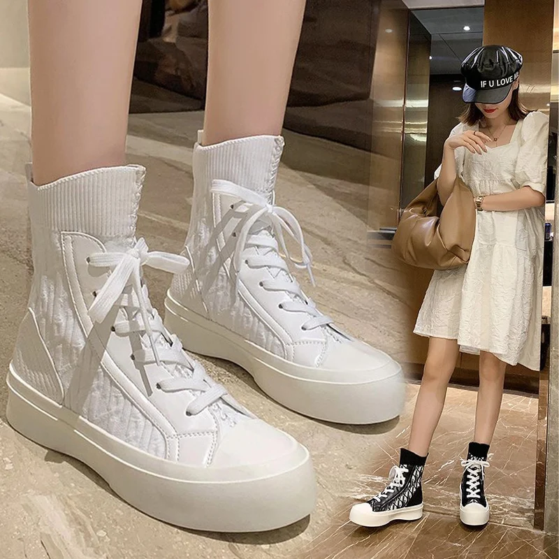 

Lace up sock shoes women's new air permeable elastic socks fashion shoes ultra hot leisure sports high top women's shoes