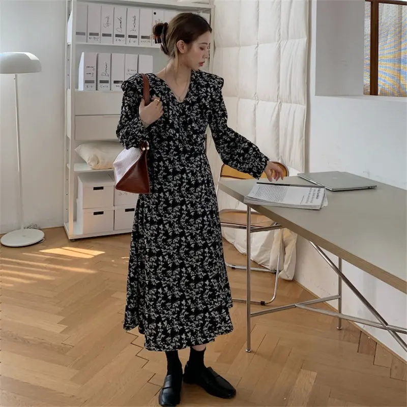 

Harajuku Prom Femme Florals Color-Hit Printed High Street Gentle Full Sleeves Loose All Match Fashion Long Dresses Vestidos