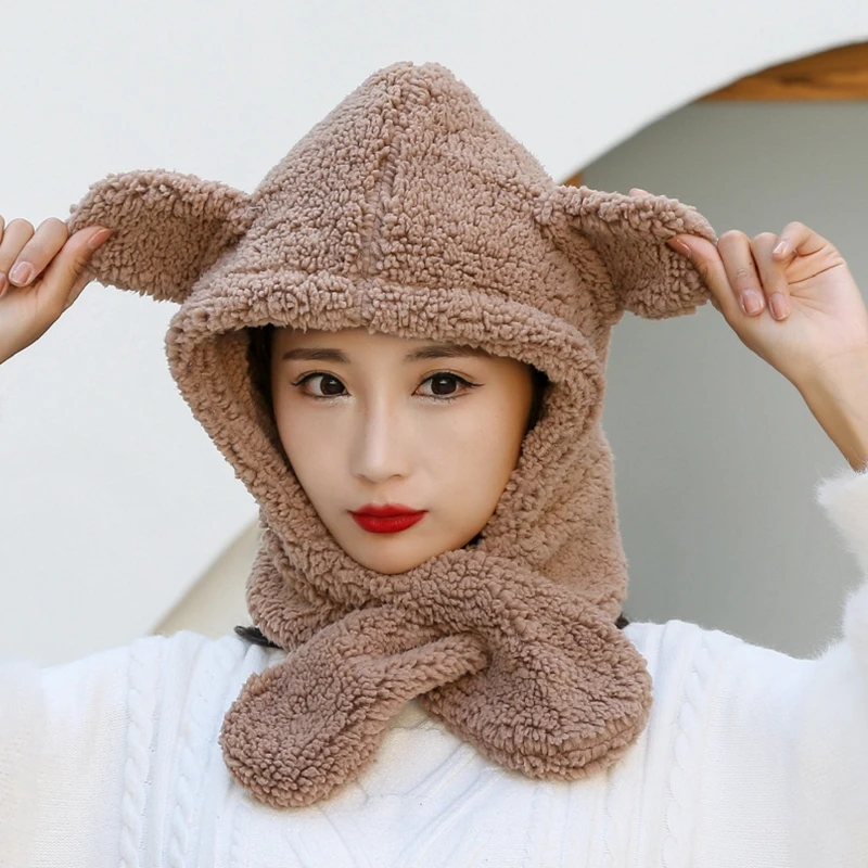 

New Fashion Solid Beanies Women Winter Cute Bear Ears Warm Hat Windproof Cap Student Women Add Wool Cap Female Hat Present