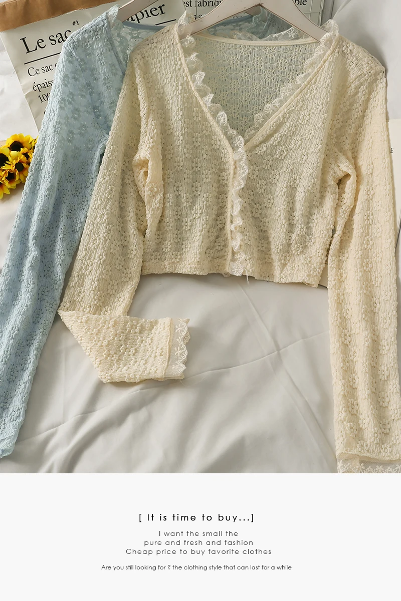 

Lace stitching V-neck single breasted short shirt woman lace V neck tops