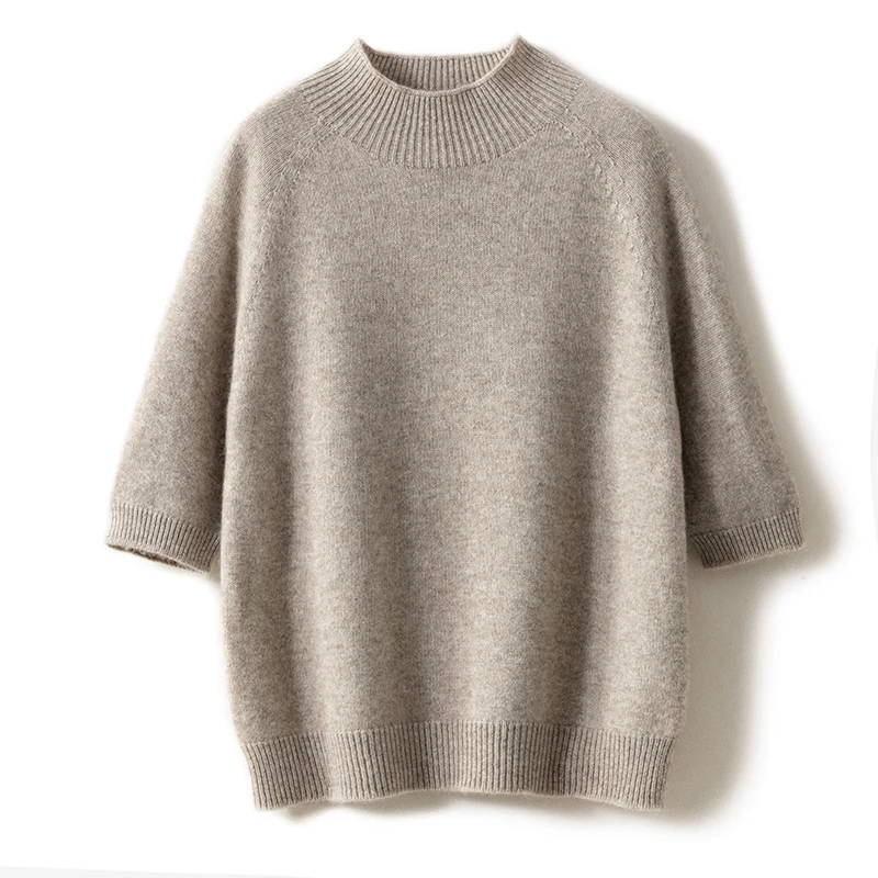 

High O-neck Sweaters Women 4Color Half-Sleeve Soft Warm 100% Pure Goat Cashmere Knitted Jumpers Female Standard Tops