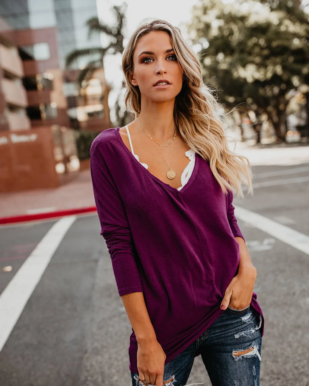 Casual Purple Khaki V Neck Women Loose T Shirt Tops Fall 2019 Fashion Long Sleeve | Женская одежда