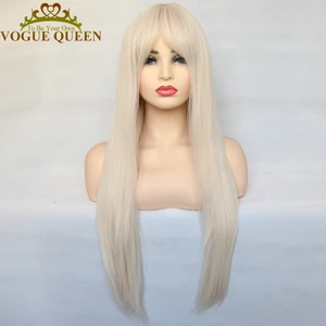 Парик для женщин Vogue Queen, Платиновый, блонд, синтетический, шелковистый, прямой, с челкой, полностью машинный, Термостойкое волокно, для косплея