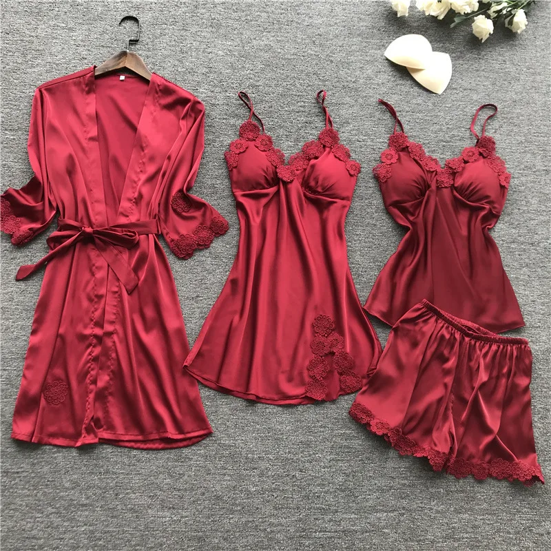 4 Pcs Women Kimono Bathrobe Gown Sleepwear Set Silk Satin Short Dressing Gowns Lace Sexy Robe Nightdress With Chest Pad Pajamas
