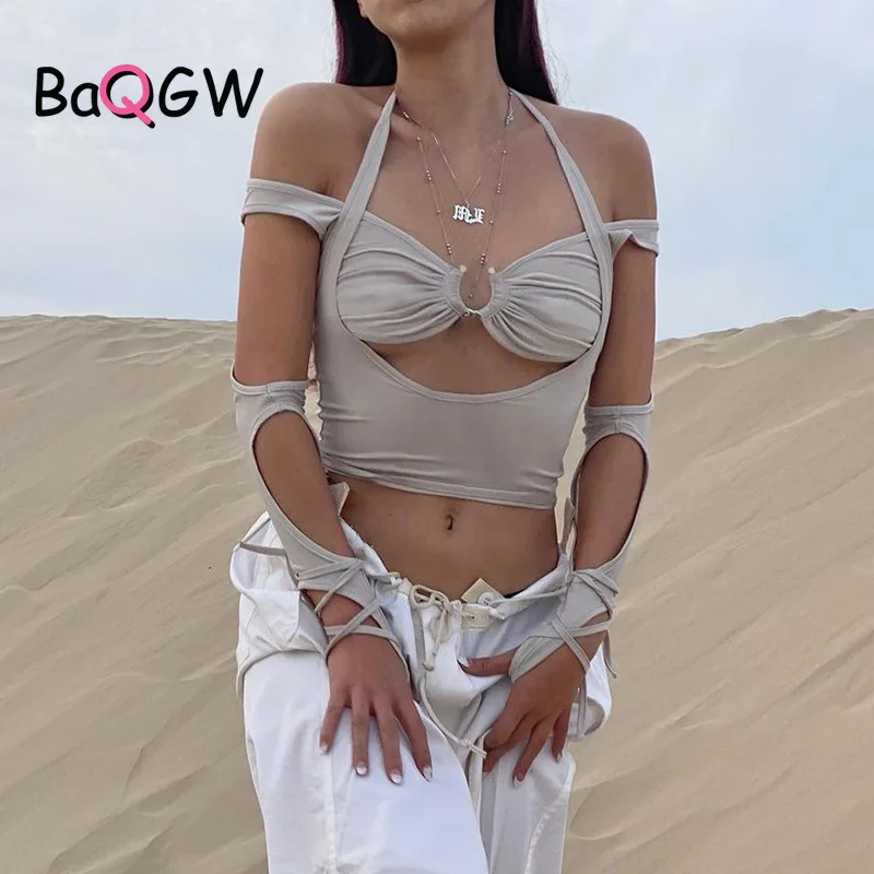 

Сексуальные женские топы BaQGW для вечерние и клубов Y2K, летние женские кроп-топы на шнуровке с лямкой через шею, универсальные кроп-топы, футбо...