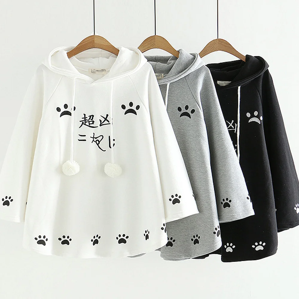 

Fashion Kawaii Cat Ear Hooded Poncho Women Japanese Cute Paws Girls Casual Pullover Harajuku Cloak Fleece Loose Hooded Cape Coat