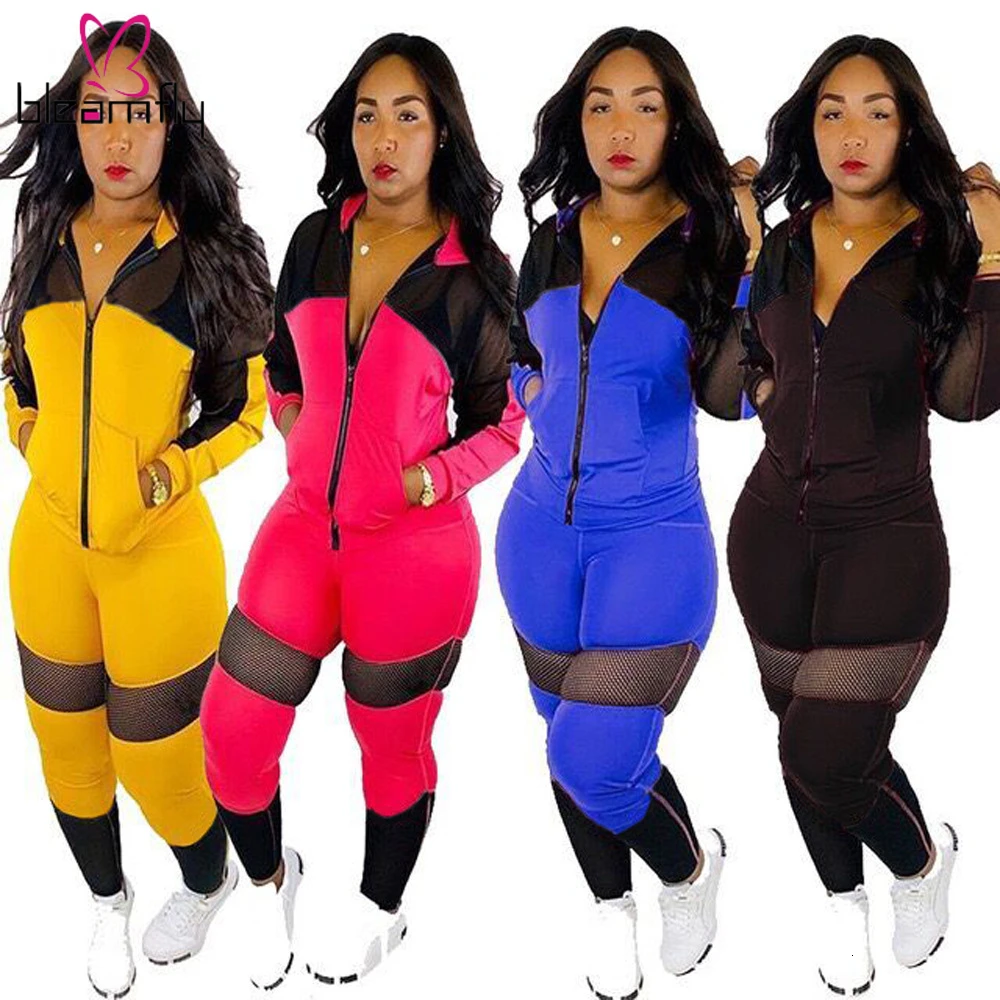 2019 женский осенний Новый сетчатый лоскутный топ на молнии и узкие брюки костюм из