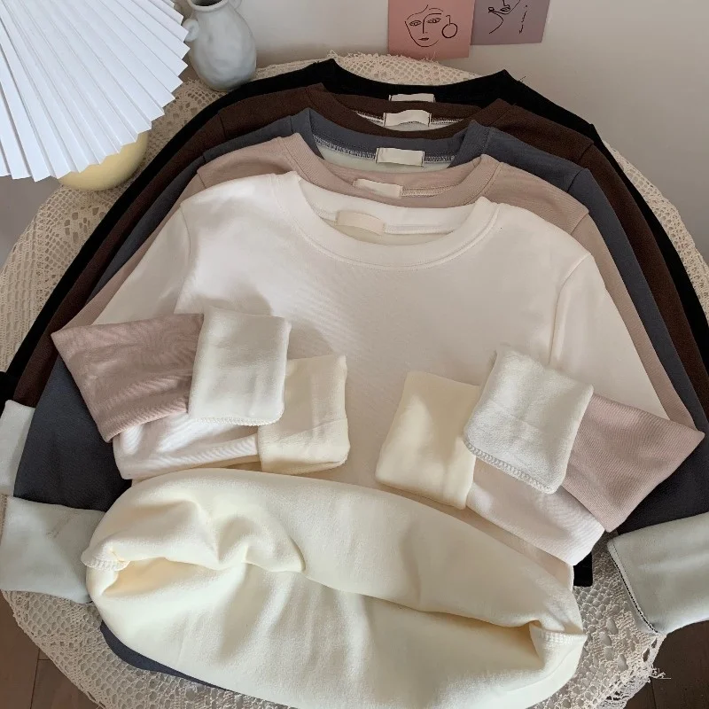 

German Cashmere Bottomed Blouse Women's Autumn and Winter Foreign Style Plush Thickened Inside with Long Sleeved White T-shirt