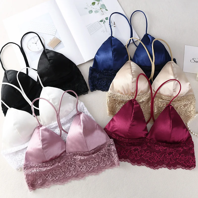 

Sexy Solid Crop Top Women Satin Silk Camis Bralette Back Lace Tube Top Strap Padded Bra