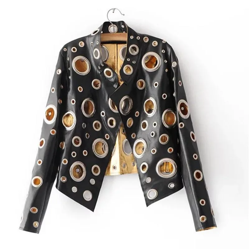 

European and American Fashion Stand Collar pu Jacket Coat Loose Bright openwork Metal Ring Decoration pu Jackets Coats Black XL