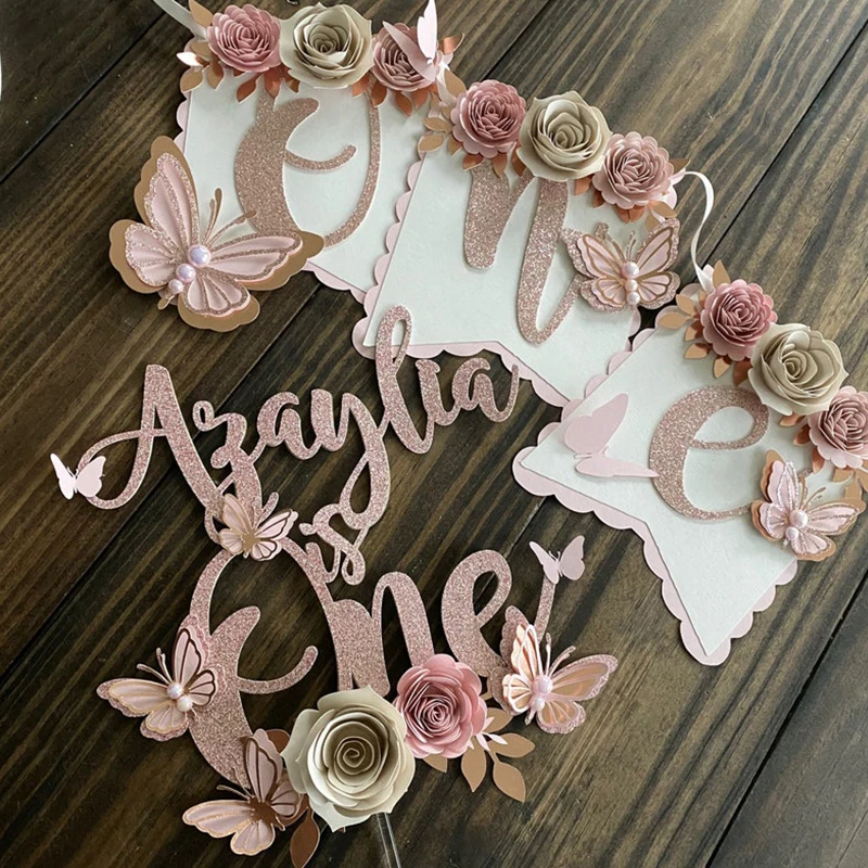 

Three-dimensional flowers One year old banner Cake Topper Birthday Party Decorations Kids Carnival Party Decorations Supplies