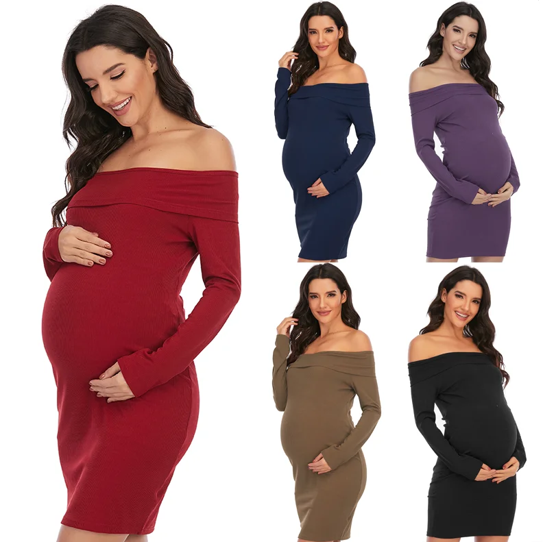New Off Shoulder Long Sleeve Maternity Dress Pregnancy Clothes Ruched Sides Pure Color Bodycon Knee Length Women Dresses