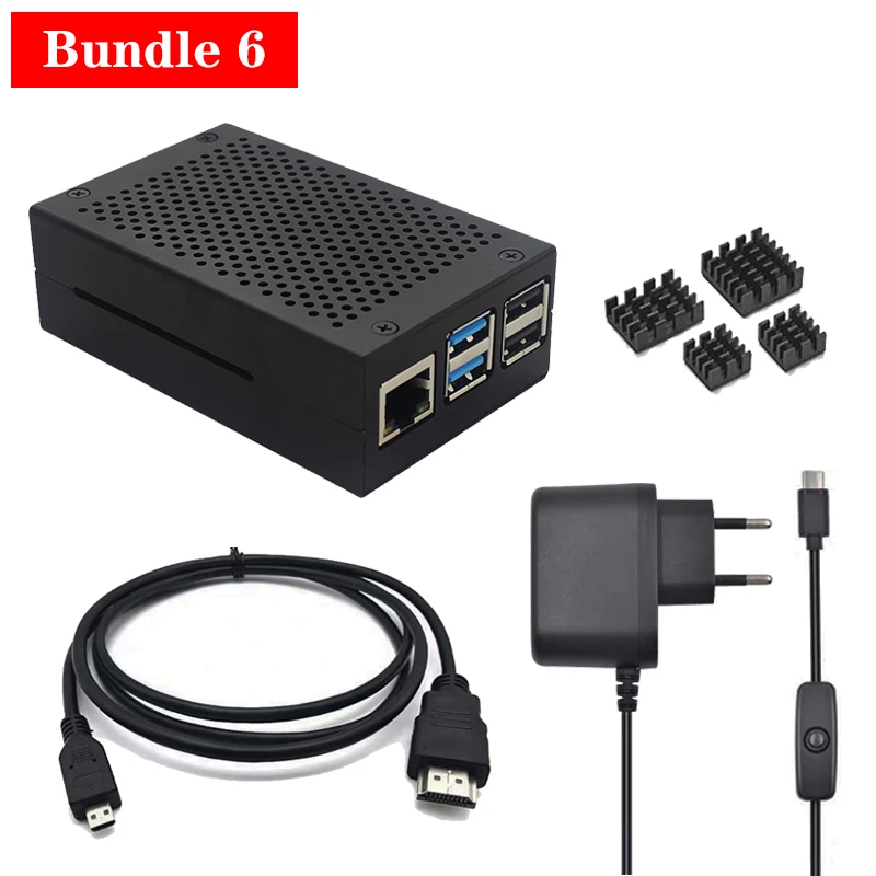 Bundle 6 Raspberry Pi 4 кейс, алюминиевый кейс, корпус из черного серебра с алюминиевым теплоотводом для Raspberry Pi 4 Модель B 4B - Цвет: Bundle 6