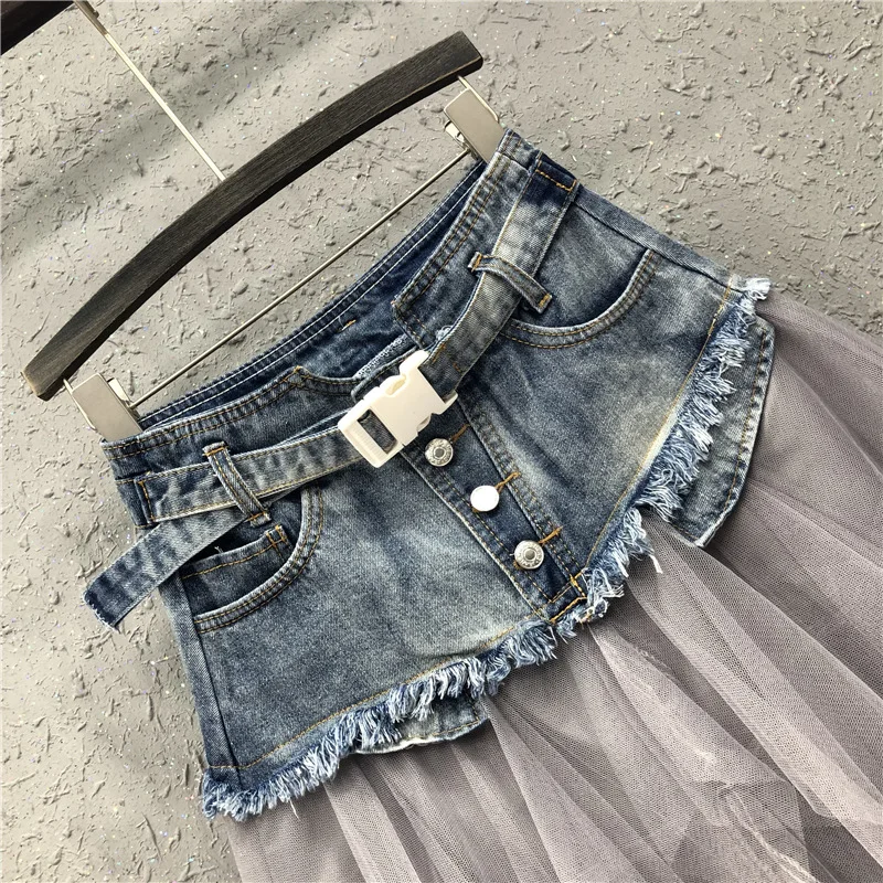 

Mesh Patchwork Denim Skirt Women Summer Clothes 2021 Slim High Waist Midi Skirts Ladies Streetwear Bottoms Black/Light Blue Saia