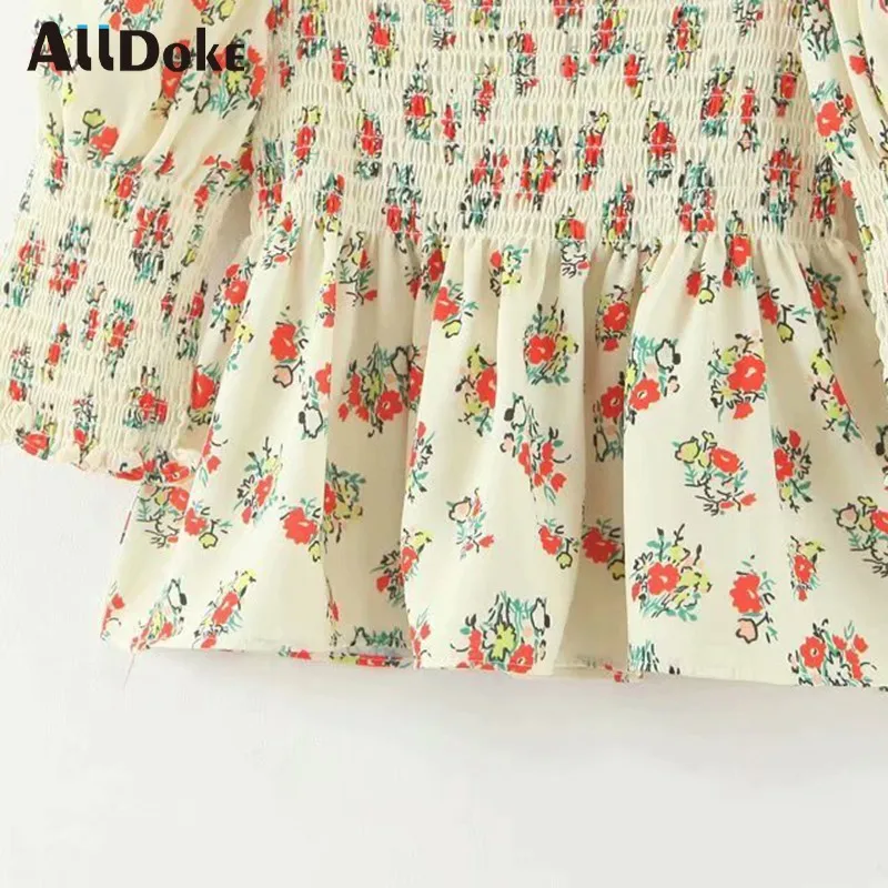 

Alldoke Vintage Flower Print Blouse Women Square Collar Lantern Sleeve Ruffles Blusas Summer High Waist Blouse Blusas Mujer