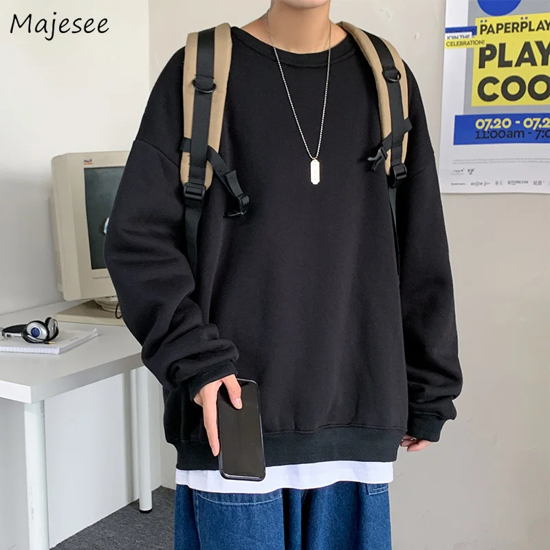 

Men O-neck Hoodies Basic All-match S-3XL Solid Casual Streetwear Boyfriend Plus Velvet Slouchy Hip-hop Sweatshirts Warm Simple