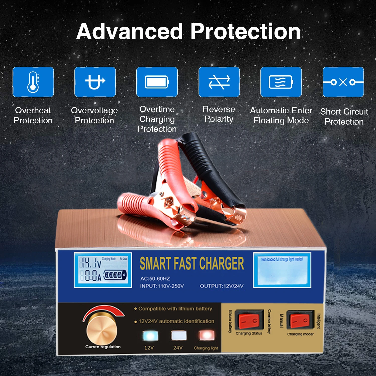 English LCD 400W Lead Acid Lithium Battery Charger for 12V 24V Car Motorcycle Truck Auto Motor Professional Power Charging