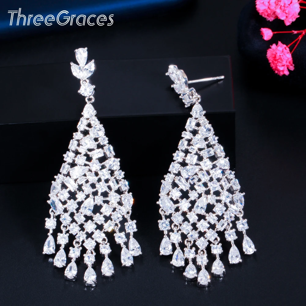 

ThreeGraces Luxury Cubic Zirconia Long Chandelier Drop Wedding Dangle Earrings for Brides Prom Dress Jewelry Accessories ER573