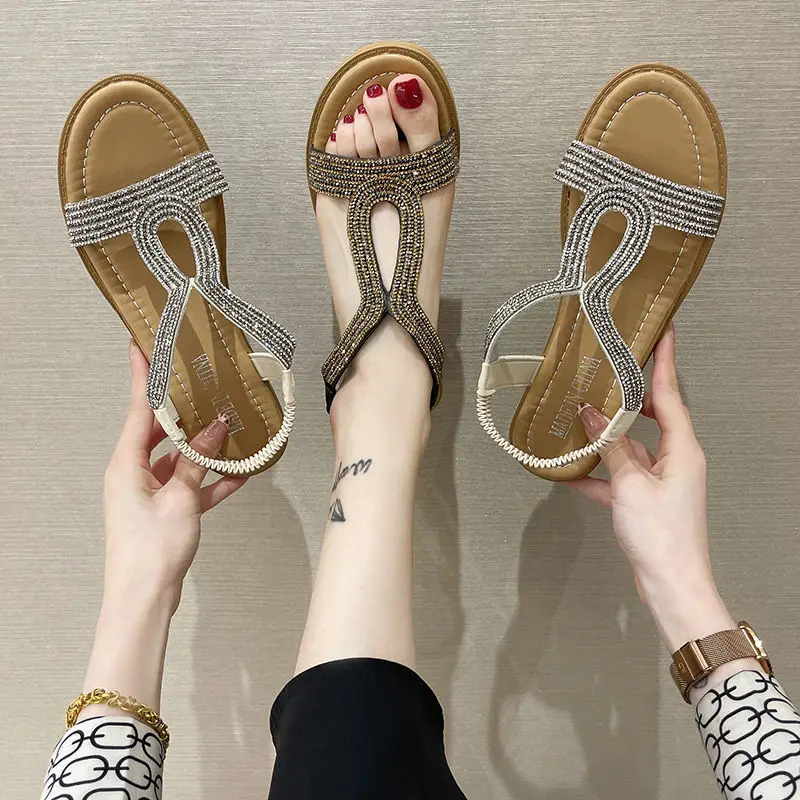 

Soft Wedges Sandals Woman,2021 Summer Low Heels,Girls Rhinestone Gladiatoer Shoes,Elastic Band,BLACK,SILVER,Dropshipping