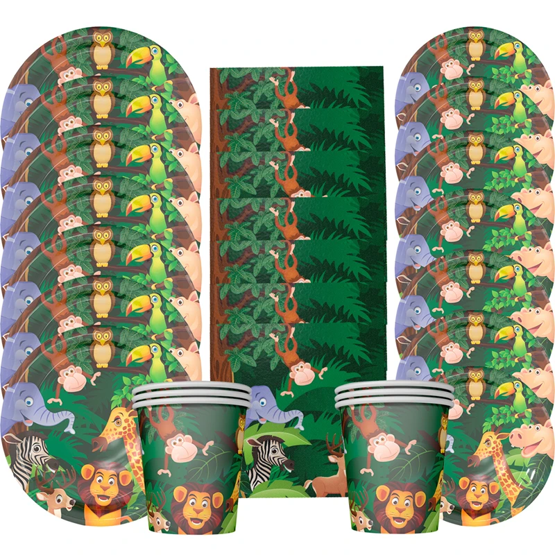 

Jungle Safari Animal Party Disposable Tableware Set Paper Plates Cup Napkins Birthday Party Decor 1st Baby Shower Party Supplies