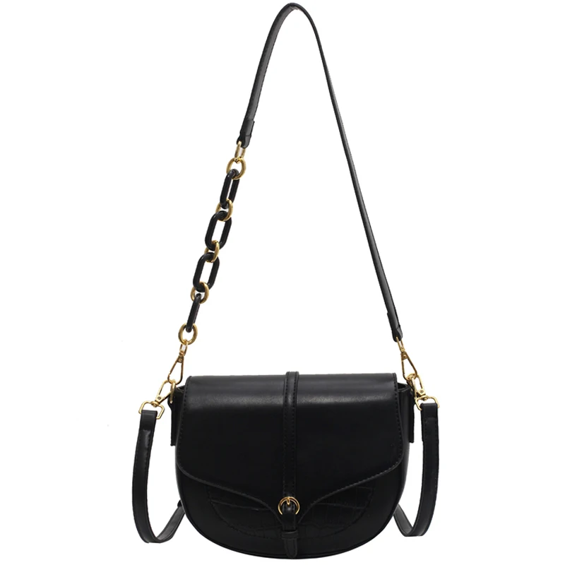 

[EAM] Women New Black Saddle Quality PU Leather Flap Personality All-match Crossbody Shoulder Bag Fashion Tide 2021 18A1219
