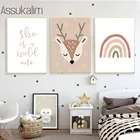 Постер с оленем в стиле бохо, радуга, художественный принт, Настенная картина для детской комнаты, холст, постеры для детей, настенные картины в скандинавском стиле для украшения детской комнаты